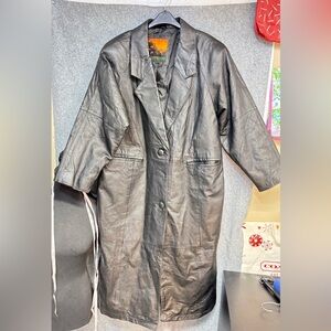 OUTBROOK  vintage black long genuine leather 2 button closer lined jacket  1X